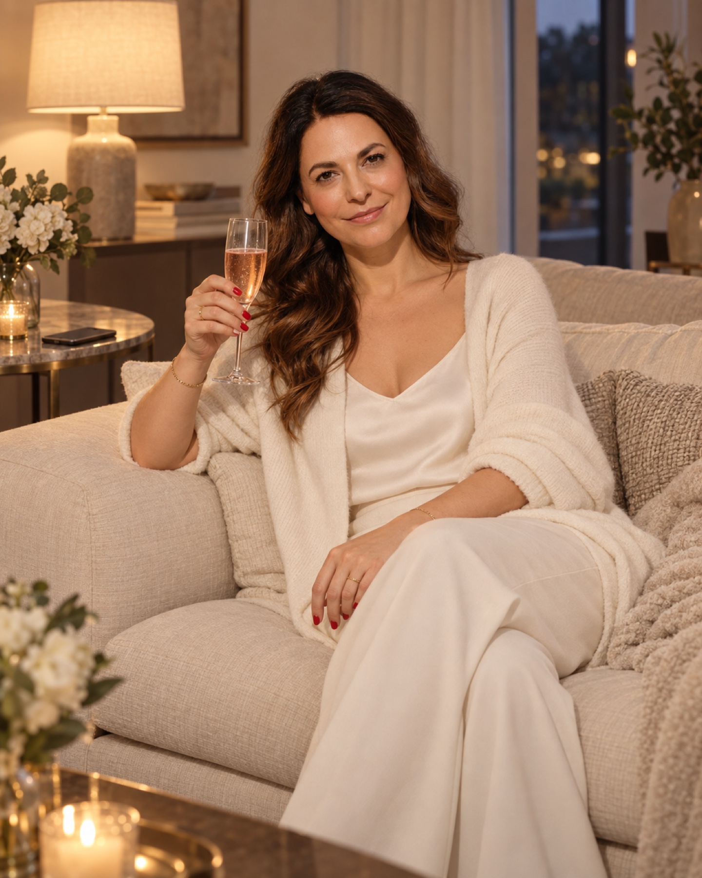 Angelika genießt allein auf dem Sofa ein Glas Rosé-Champagner