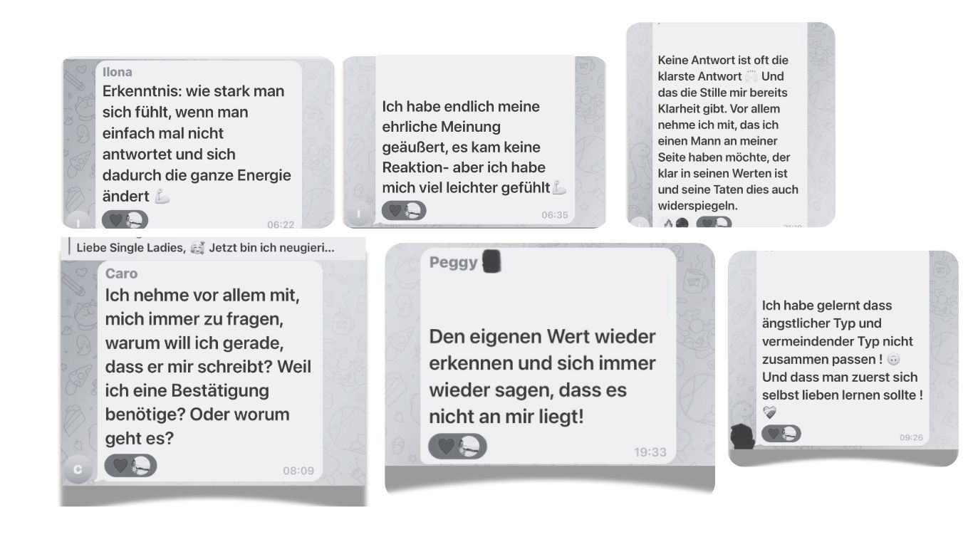 Collage aus sechs anonymisierten Nachrichten von Teilnehmerinnen über Klarheit, Selbstwert und ehrliche Kommunikation