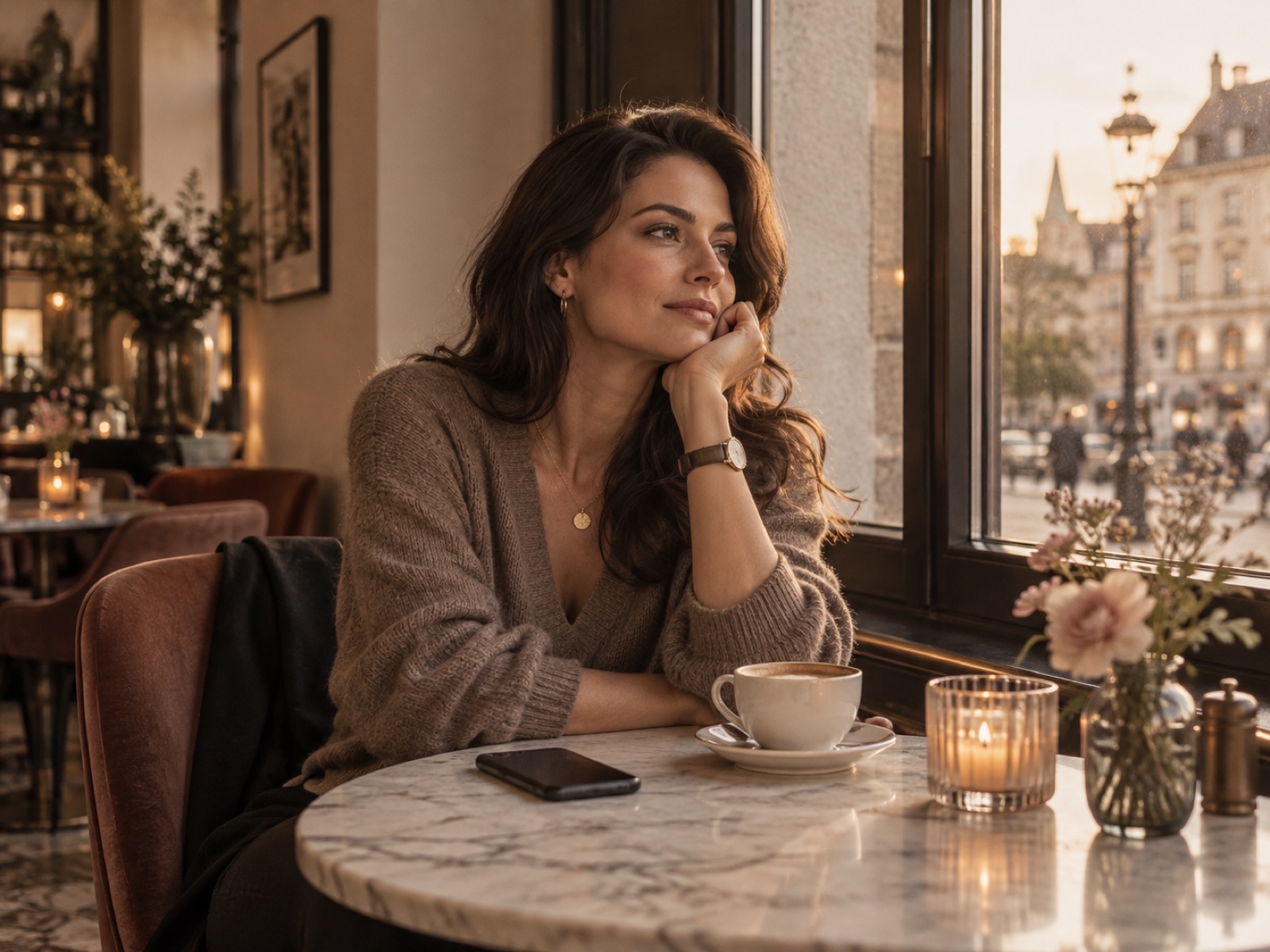 Nachdenkliche Frau im Café mit ihrem Handy auf dem Tisch
